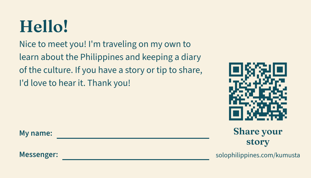 Back of the card: a cream card with the greeting in English, blank lines for a name and Messenger, and a QR code that links to the Share Your Story page.