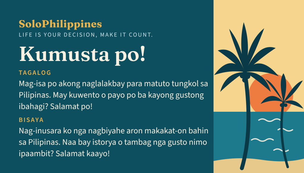Front of the SoloPhilippines Kumusta card: a teal card with a greeting in Tagalog and Bisaya beside two palm trees and a setting sun.