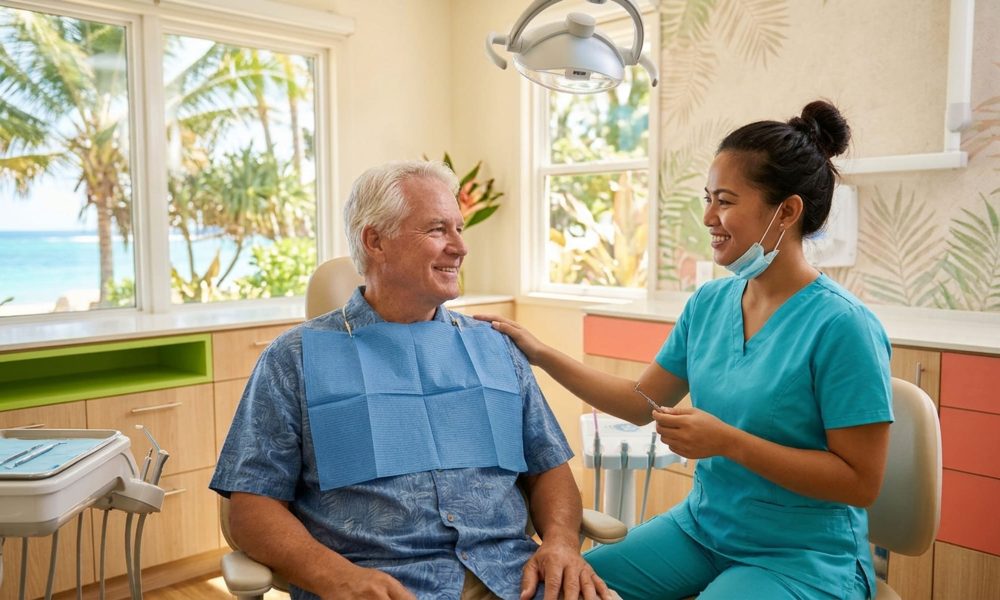 A 68-year-old man sitting in a dental chair with a Filipino dental hygienist seated beside him during a dental visit in the Philippines