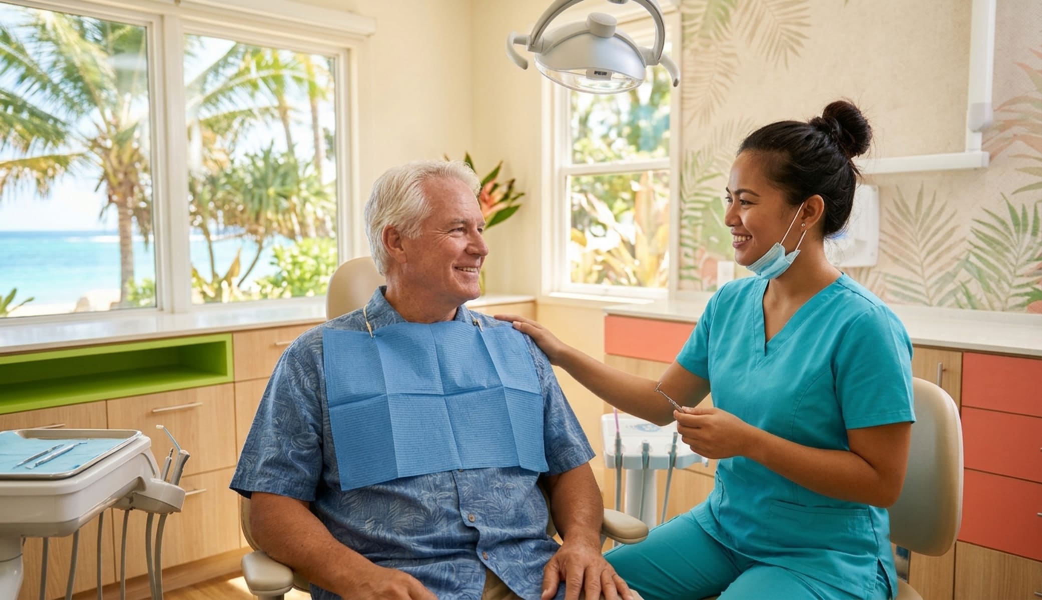 A 68-year-old man sitting in a dental chair with a Filipino dental hygienist seated beside him during a dental visit in the Philippines