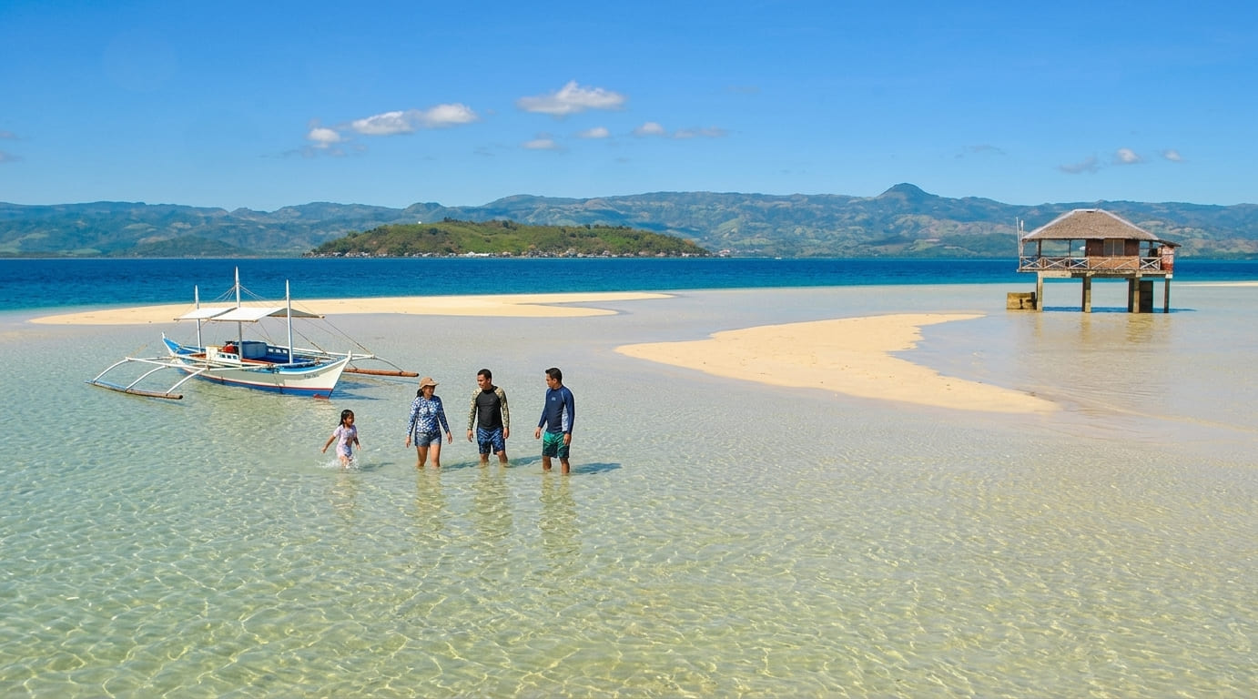 A small group of 4 people walking through shallow water on a sandbar with mountains in the background on a sunny day at the Manjuyod Sandbar, a day trip from Dumaguete, Philippines.