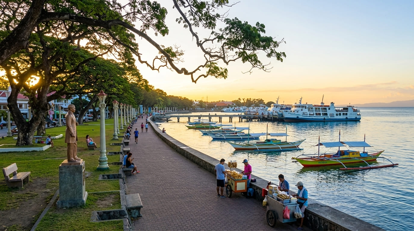 People enjoying an evening along the Rizal Boulevard waterfront in Dumaguete, Philippines, with the sea beside the promenade.