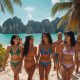 Group of travelers walking together along a sandy trail toward a turquoise lagoon surrounded by limestone cliffs in Palawan, Philippines.
