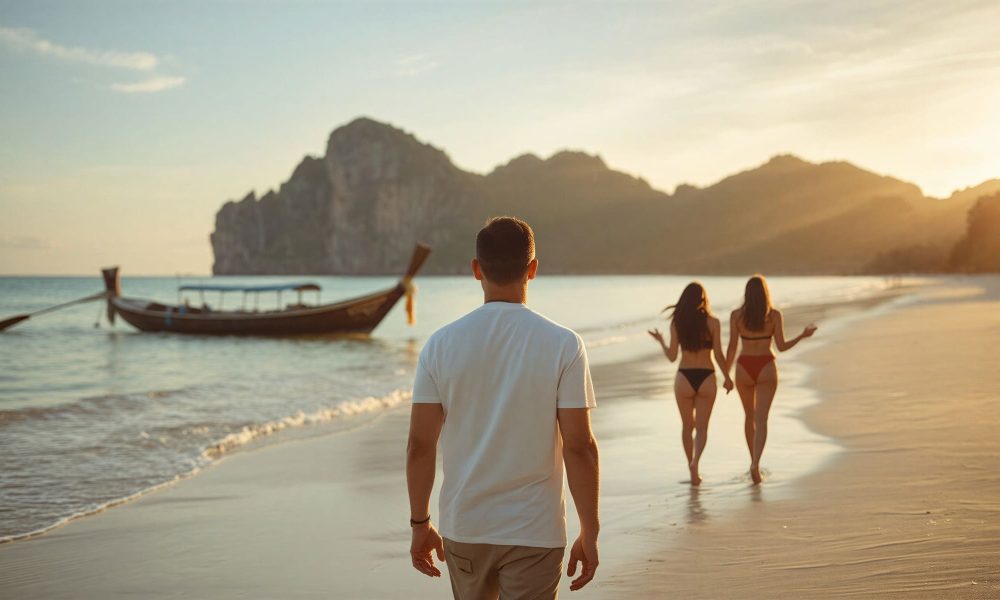 Solo traveler walking along a beach in the Philippines at sunset.