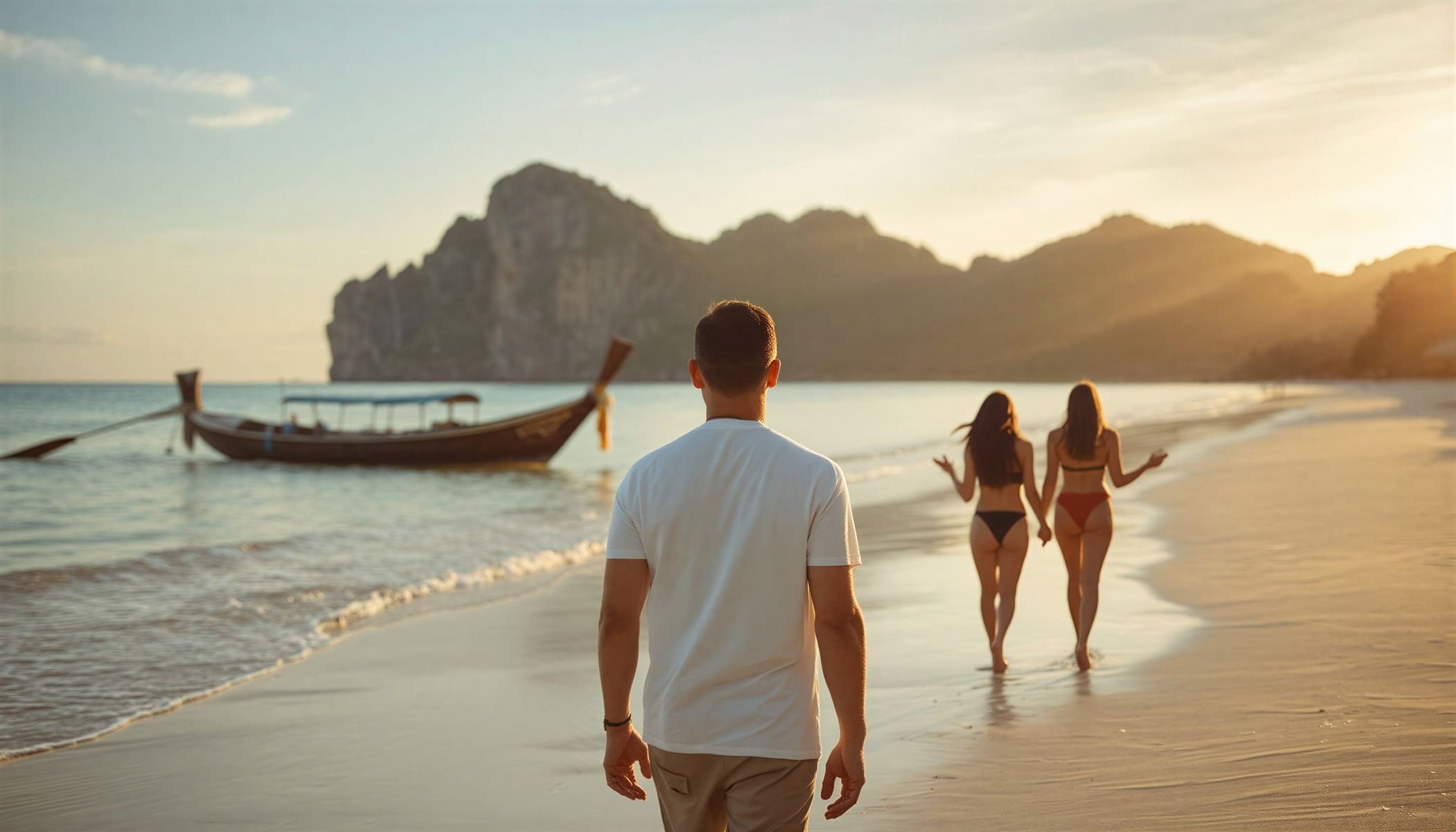 Solo traveler walking along a beach in the Philippines at sunset.
