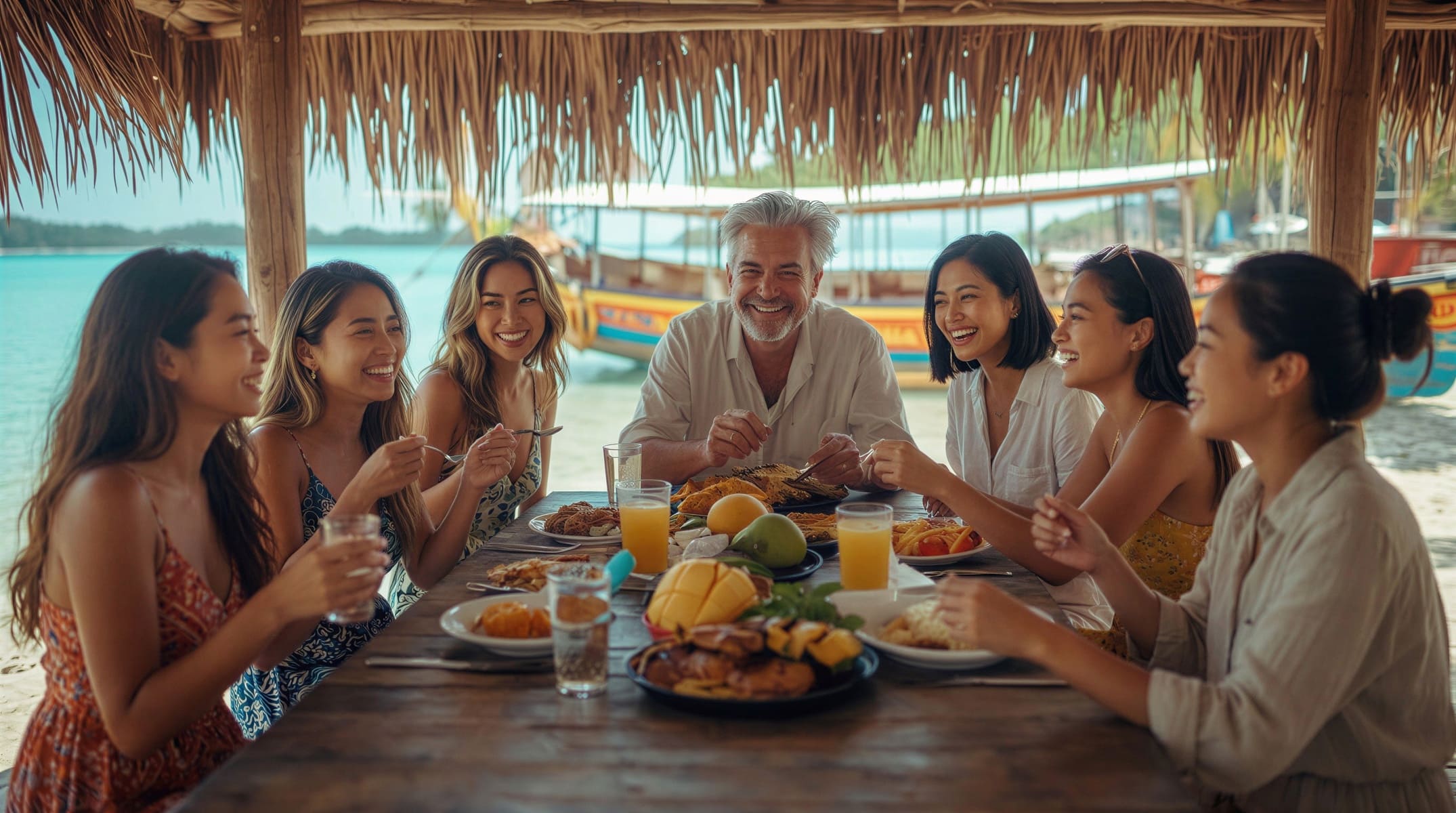 Group of friends sharing a Filipino meal at a beachside eatery with a traditional bangka boat and turquoise water in the background in the Philippines.