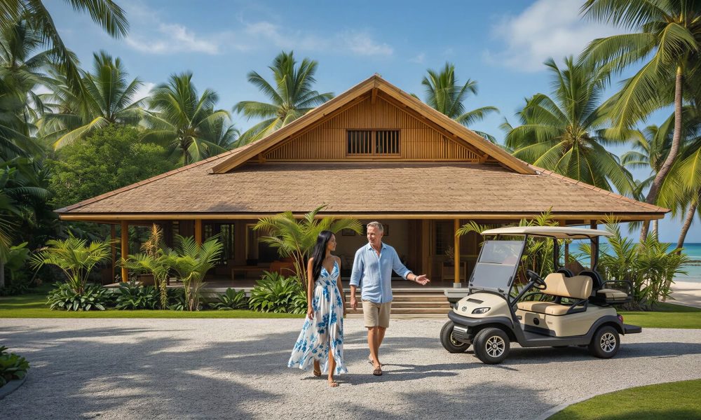 A man and woman walk along a gravel driveway in front of a tropical resort villa surrounded by palm trees, with a golf cart parked nearby.