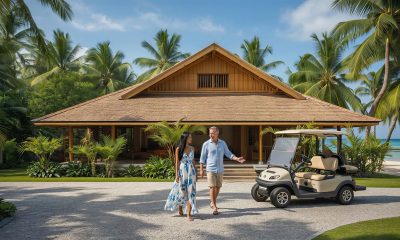 A man and woman walk along a gravel driveway in front of a tropical resort villa surrounded by palm trees, with a golf cart parked nearby.
