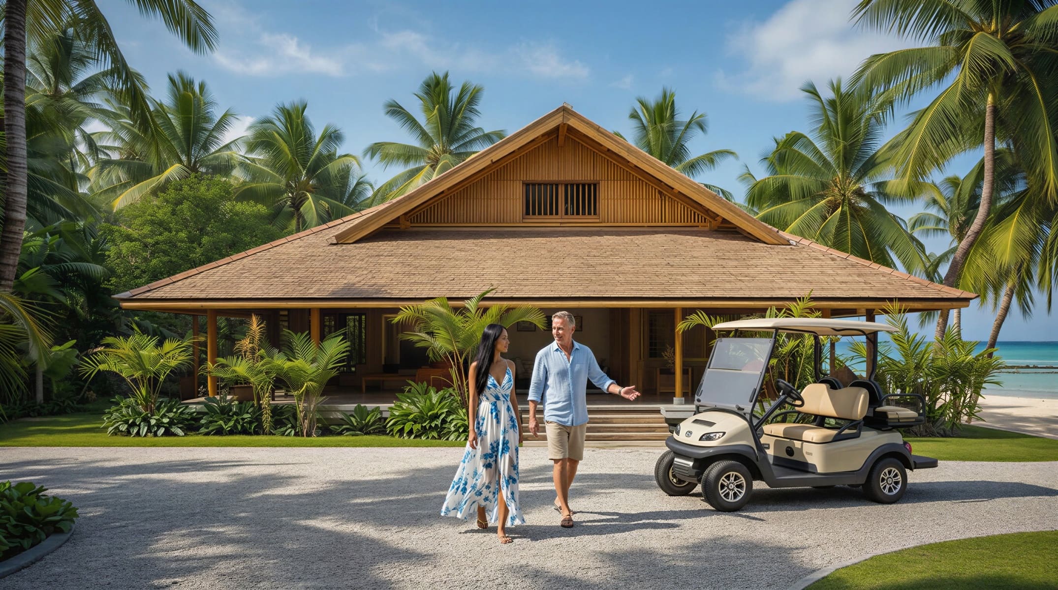 A man and woman walk along a gravel driveway in front of a tropical resort villa surrounded by palm trees, with a golf cart parked nearby.