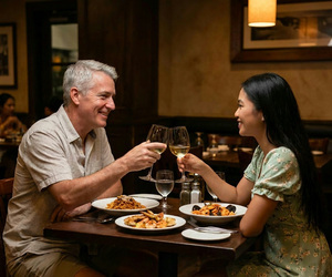 A man and a Filipina woman toasting with glasses over dinner at a restaurant table. Find the best foods to try in the Philippines.