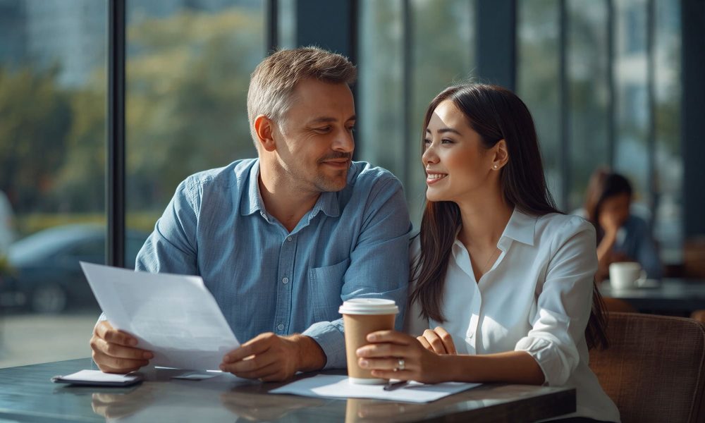 AI-generated image of a smiling man and woman at a café table, looking at each other while he holds a document and she holds a coffee cup