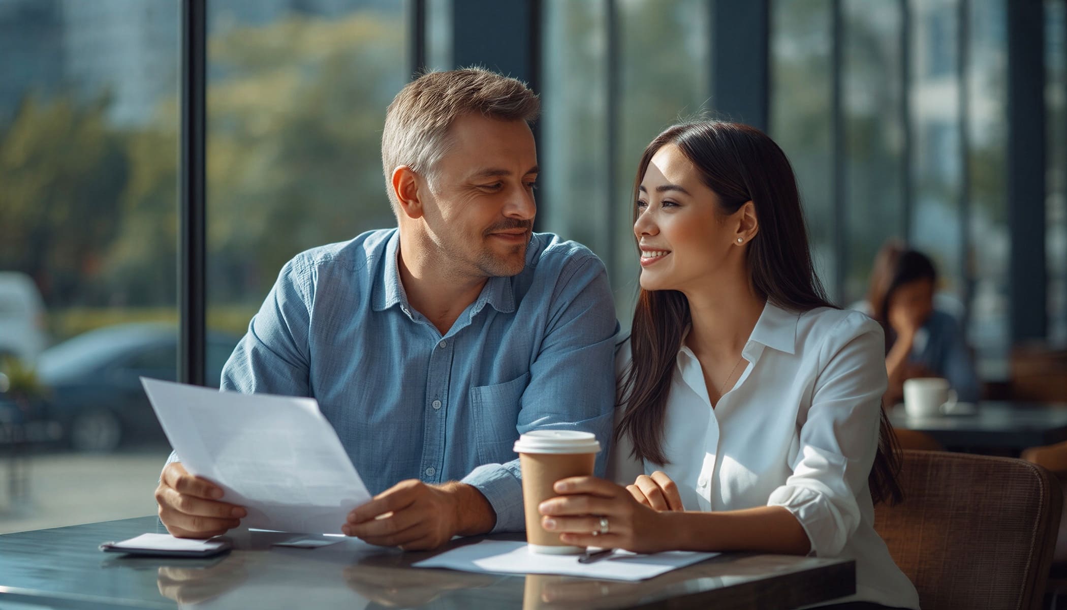 AI-generated image of a smiling man and woman at a café table, looking at each other while he holds a document and she holds a coffee cup