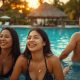 Travelers relaxing by an infinity pool at a tropical resort in the Philippines at sunset.